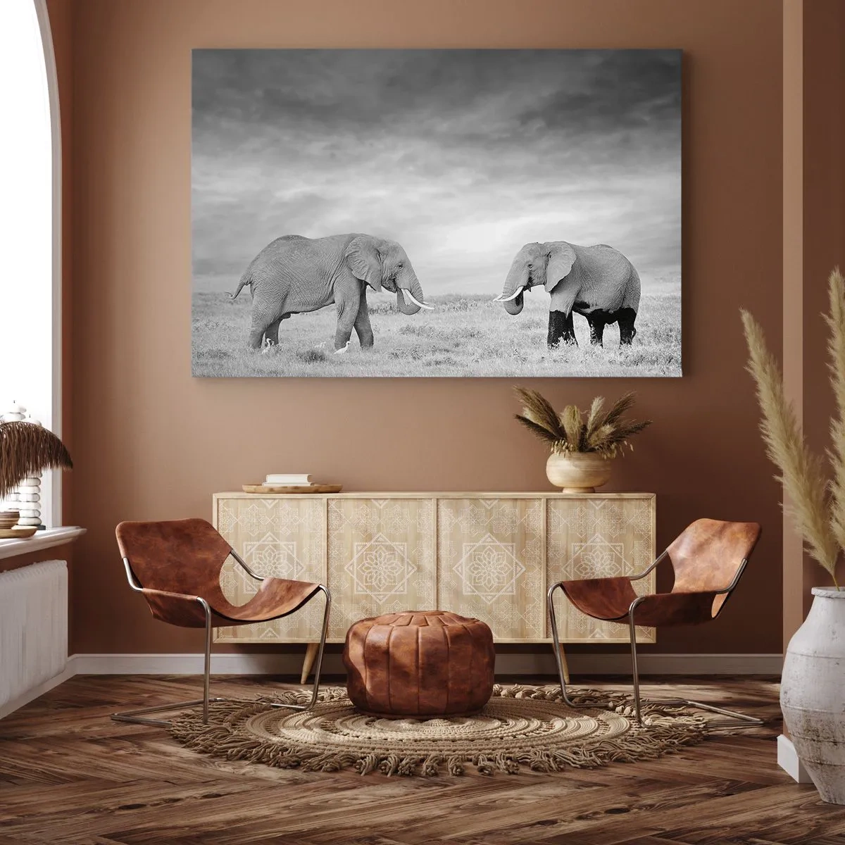 Canvas picture - Two elephants against the backdrop of the African savannah - 70x50cm - Grey Is Beautiful - Modern wall decoration for the living room and bedroom ARTTOR