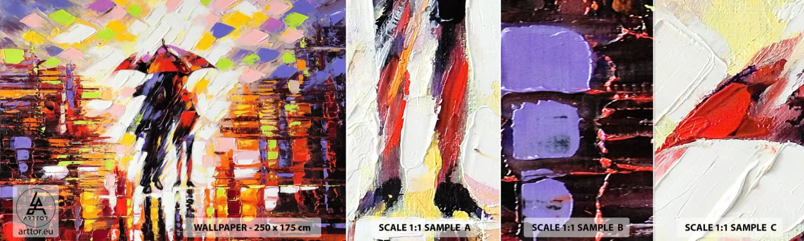 Photo Wallpaper Sample Self-Adhesive Deluxe Sticker - Together through Night and Rain - Abstraction, Couple in love, Walk in the rain - 100x30 cm