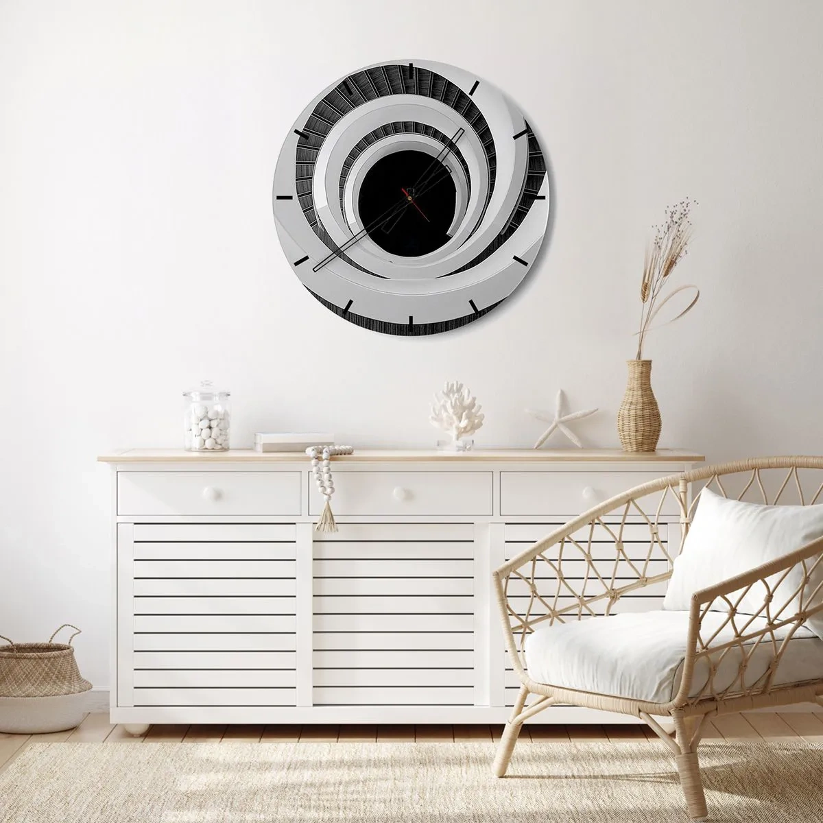 Wall clock - Clock on glass - Spiral staircase in black and white style - 30x30cm - To the Point of the Matter - Modern wall decoration for the living room, kitchen, and bedroom ARTTOR