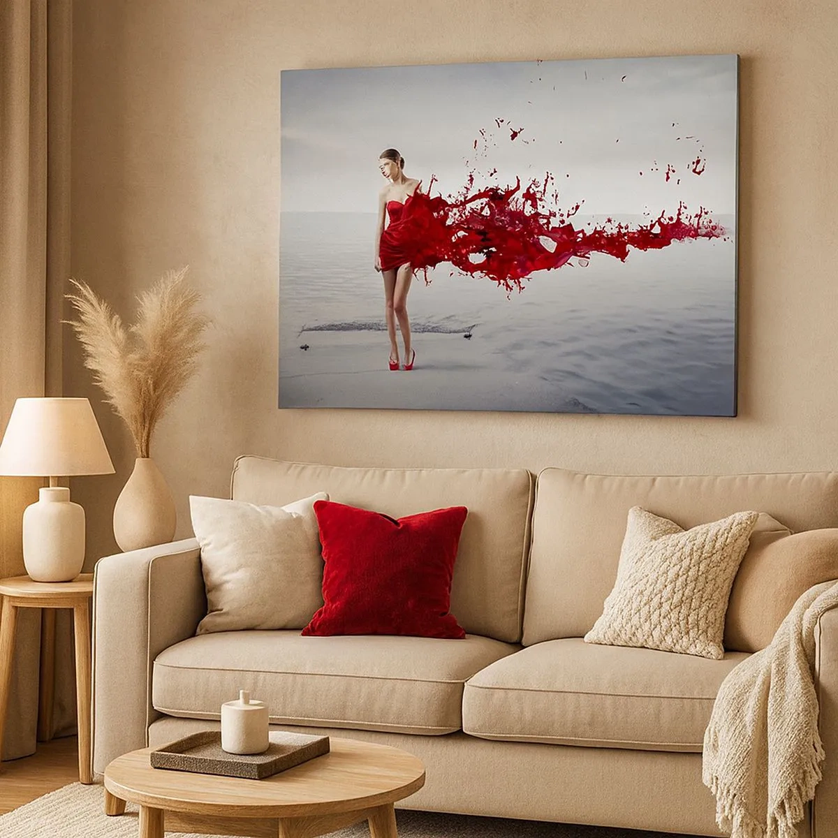 Canvas picture - A woman in a red dress in an artistic composition by the water - 70x50cm - Passionate Like a Scarlet - Modern wall decoration for the living room and bedroom ARTTOR