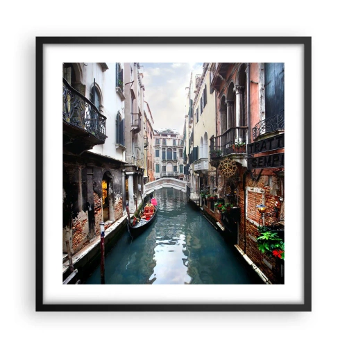 Poster in black frame - Venetian View with a Gondola and a Bridge - 50x50 cm
