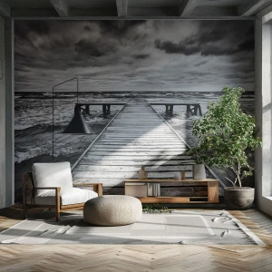 Custom Self-Adhesive Wallpaper Deluxe Sticker - Waiting for the Wind to Blow away - Landscape, Wooden Bridge, Sea