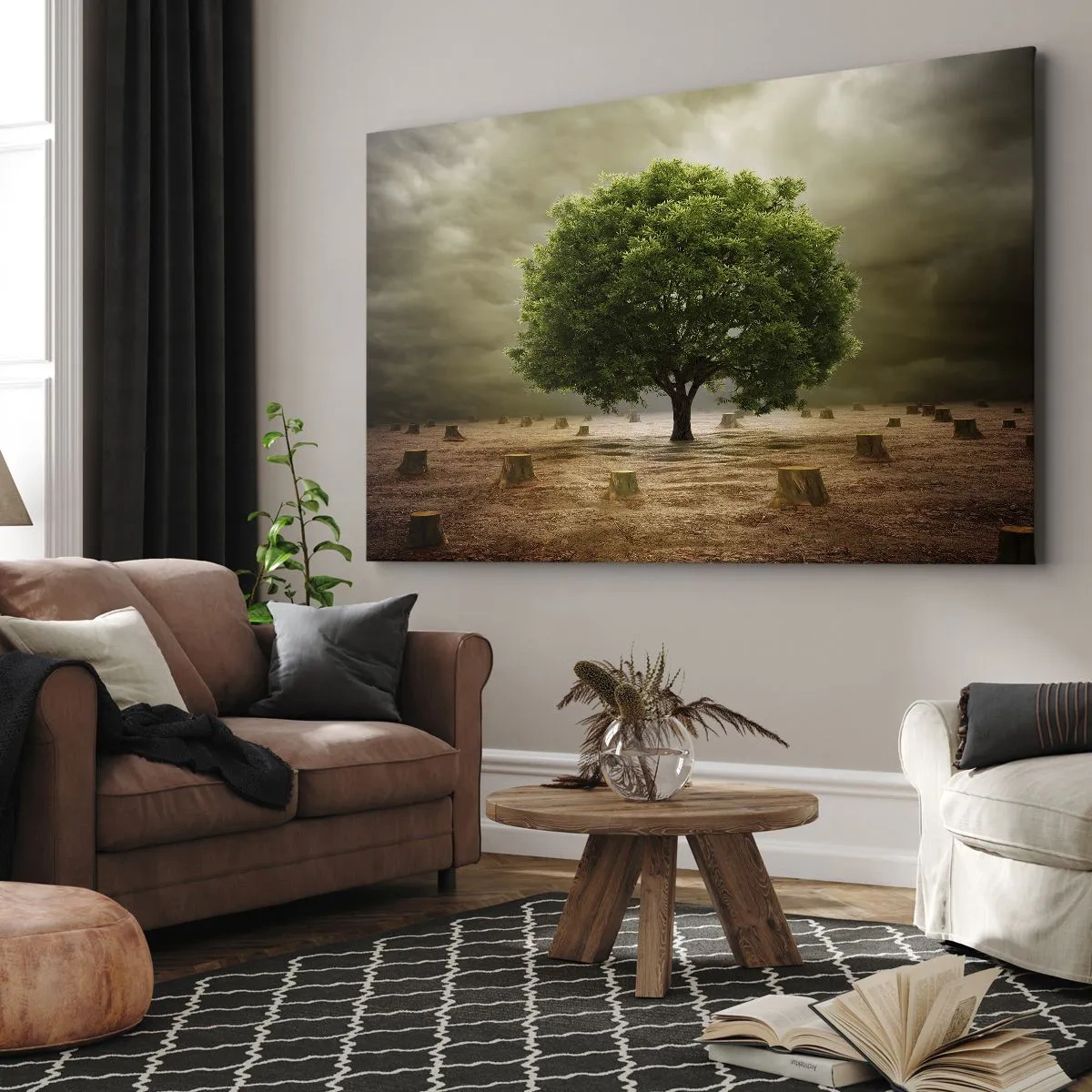 Canvas picture - A green tree surrounded by felled tree trunks against a cloudy sky - 70x50cm - Entire Hope - Modern wall decoration for the living room and bedroom ARTTOR