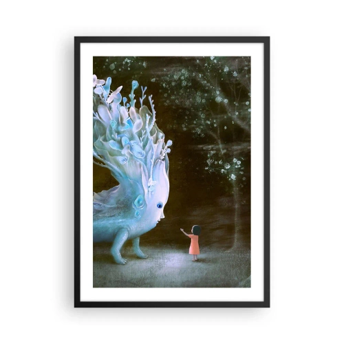 Poster in black frame - A girl in the forest encounters a magical creature in a luminous environment. - 50x70cm - Fantastic Encounter - Modern wall decoration for the living room and bedroom ARTTOR