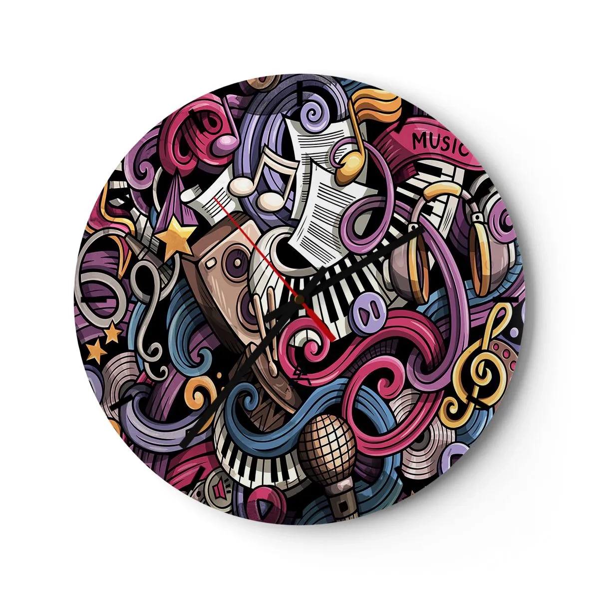 Wall clock - Clock on glass - Abstract composition of musical motifs and instruments - 30x30cm - Complicated Melody - Modern wall decoration for the living room, kitchen, and bedroom ARTTOR