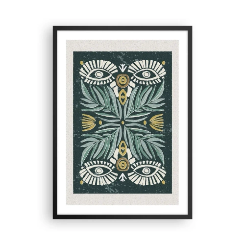 Poster in black frame - Symmetrical pattern with leaves and eyes on a dark background - 50x70cm - Like a Folklore Cutout - Modern wall decoration for the living room and bedroom ARTTOR