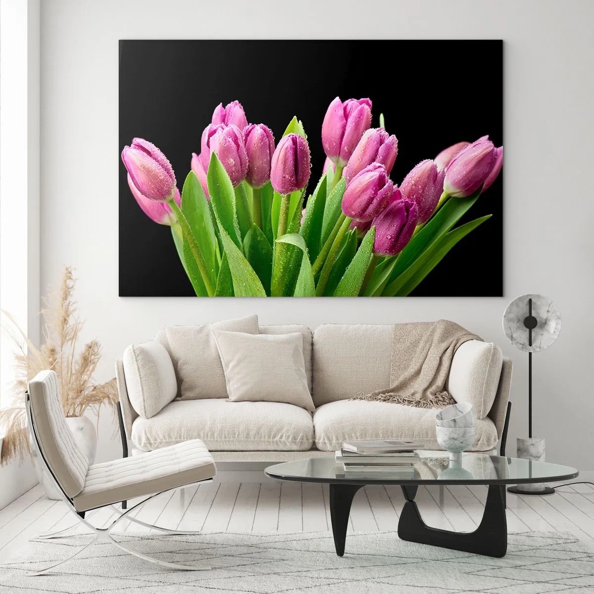 Glass picture - bouquet of pink tulips covered with water drops on a black background. - 70x50cm - Lilac Joy of Spring - Modern wall decoration for the living room and bedroom ARTTOR