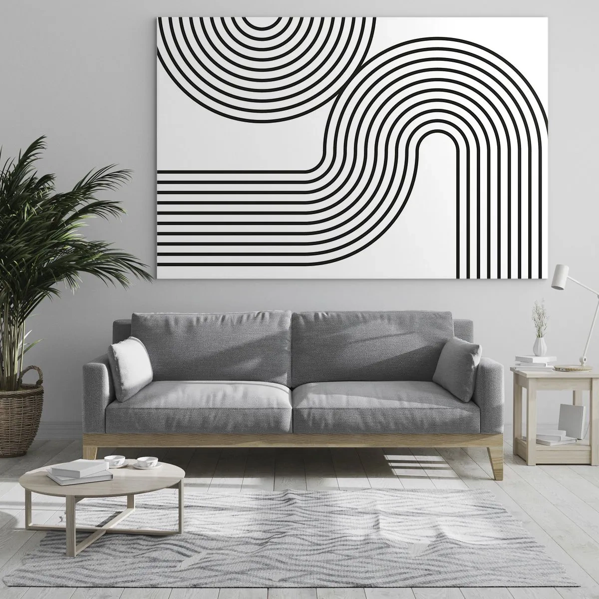 Glass picture - Black and white graphics with curved parallel lines - 70x50cm - On the Curve - Modern wall decoration for the living room and bedroom ARTTOR