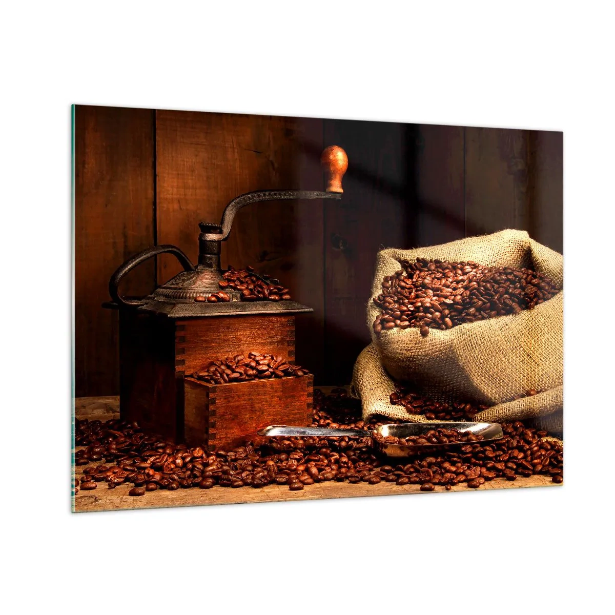 Glass picture - Still Life with Coffee Grains and a Grinder - 100x70 cm