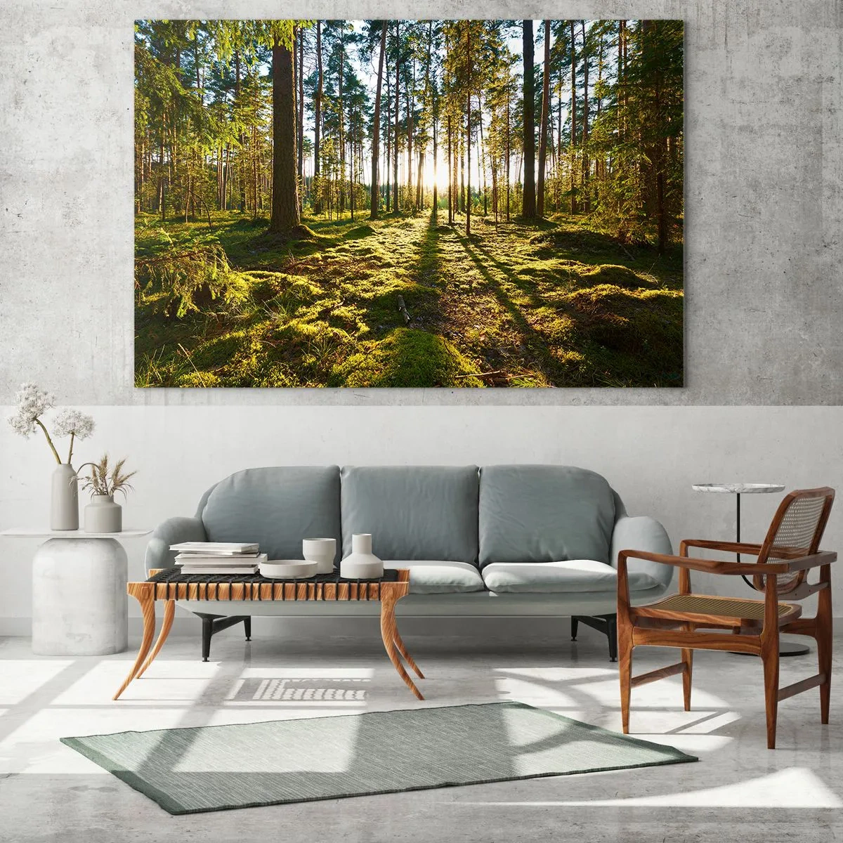 Glass picture - Sun rays penetrating through the trees in the forest - 70x50cm - Deep in the Forest - Modern wall decoration for the living room and bedroom ARTTOR