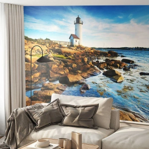 Photo Wallpaper Premium Sand - Be Home Safe, I Am Waiting - Landscape, Lighthouse, Atlantic Ocean - 150x105 cm