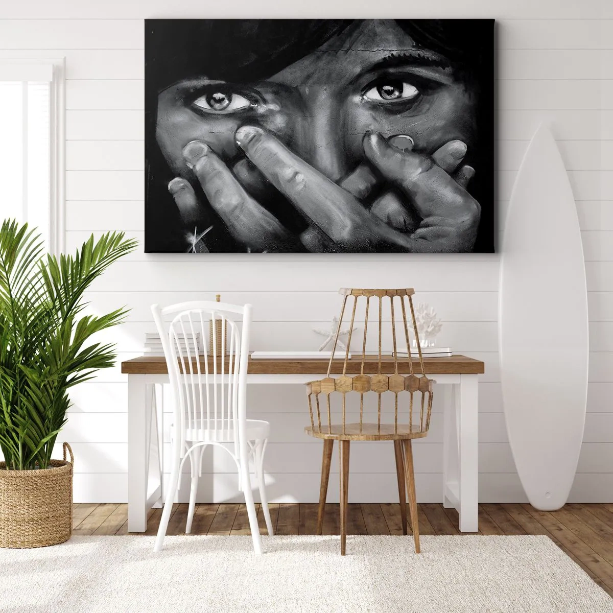 Canvas picture - Black and white portrait of a woman covering her face with her hands. - 70x50cm - I Won't Tell Who Painted It - Modern wall decoration for the living room and bedroom ARTTOR