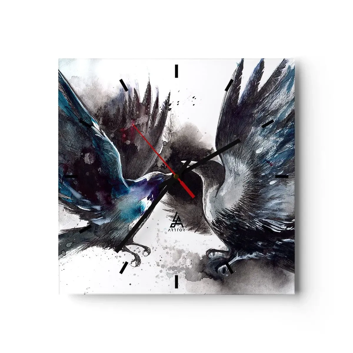 Wall clock - Clock on glass - Two Crows - 30x30 cm