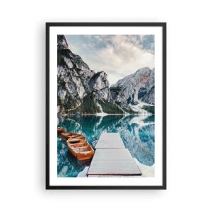 Poster in black frame - A mountain lake with wooden boats and a pier - 50x70cm - We Will Show You Beauty - Modern wall decoration for the living room and bedroom ARTTOR
