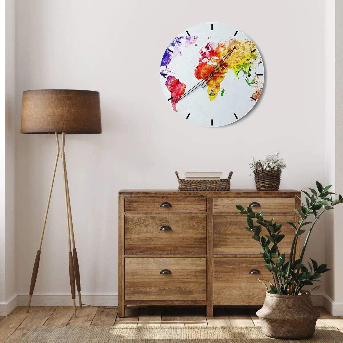 Wall clock - Clock on glass - Watercolor world map in vivid colors - 30x30cm - All Colours of Light - Modern wall decoration for the living room, kitchen, and bedroom ARTTOR