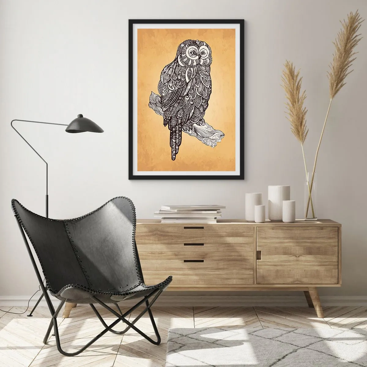 Poster in black frame - A stylized owl in an ornamental pattern on a beige background. - 50x70cm - Mysterious Ornaments of Wisdom - Modern wall decoration for the living room and bedroom ARTTOR