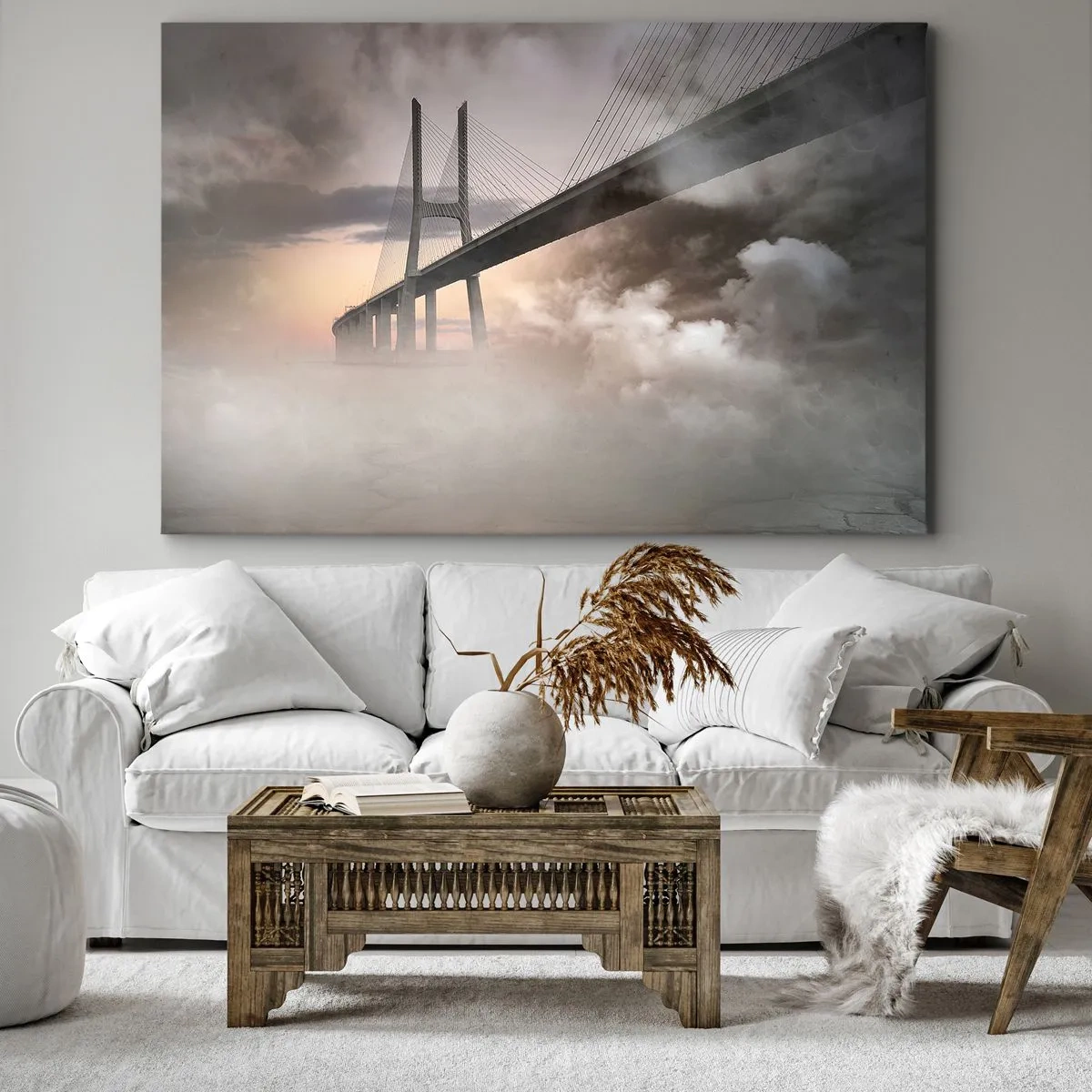 Canvas picture - A bridge over a river surrounded by fog in the morning - 70x50cm - By the River that Doesn't Exist - Modern wall decoration for the living room and bedroom ARTTOR
