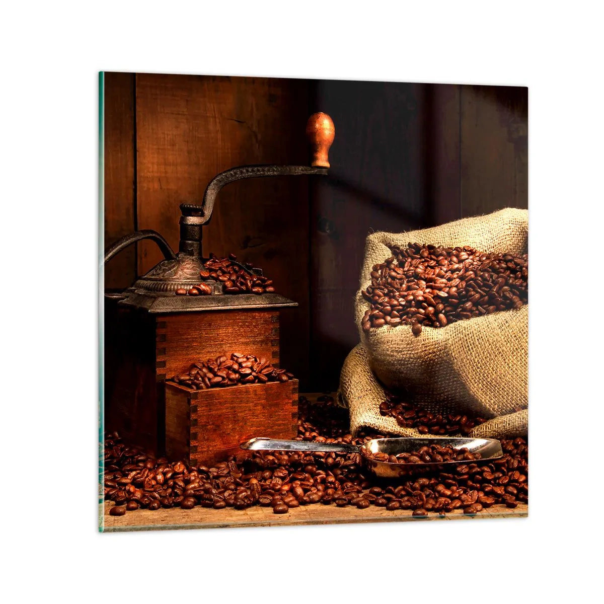 Glass picture - Still Life with Coffee Grains and a Grinder - 40x40 cm