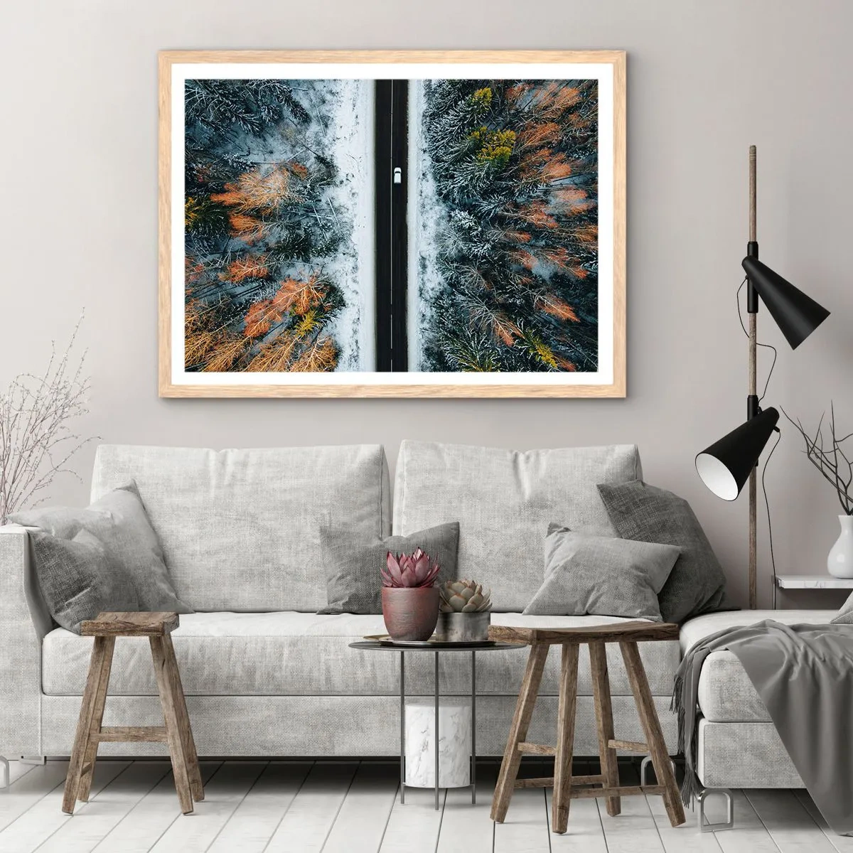 Poster in light oak frame - Through a Wintery Forest - 70x50 cm