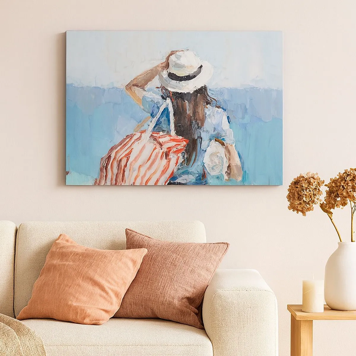 Canvas picture - A woman in a hat against the blue sea - 70x50cm - Welcome to Holiday - Modern wall decoration for the living room and bedroom ARTTOR