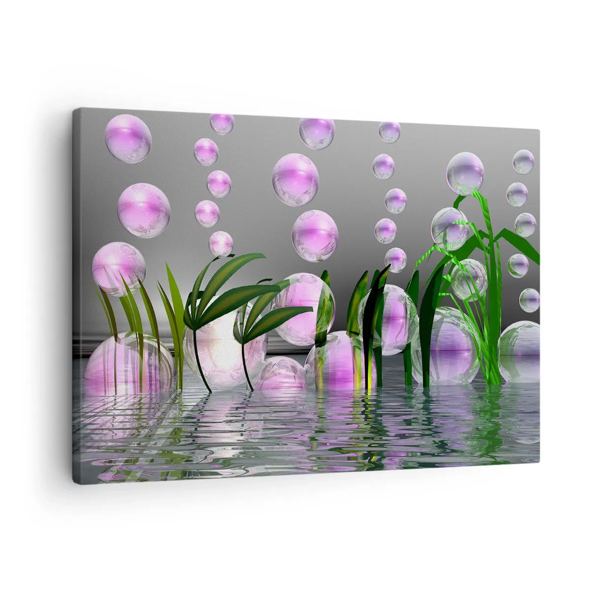 Canvas picture - Green leaves and pink bubbles above the water on a gray background - 70x50cm - Reflexive Composition of Lightness and Life - Modern wall decoration for the living room and bedroom ARTTOR