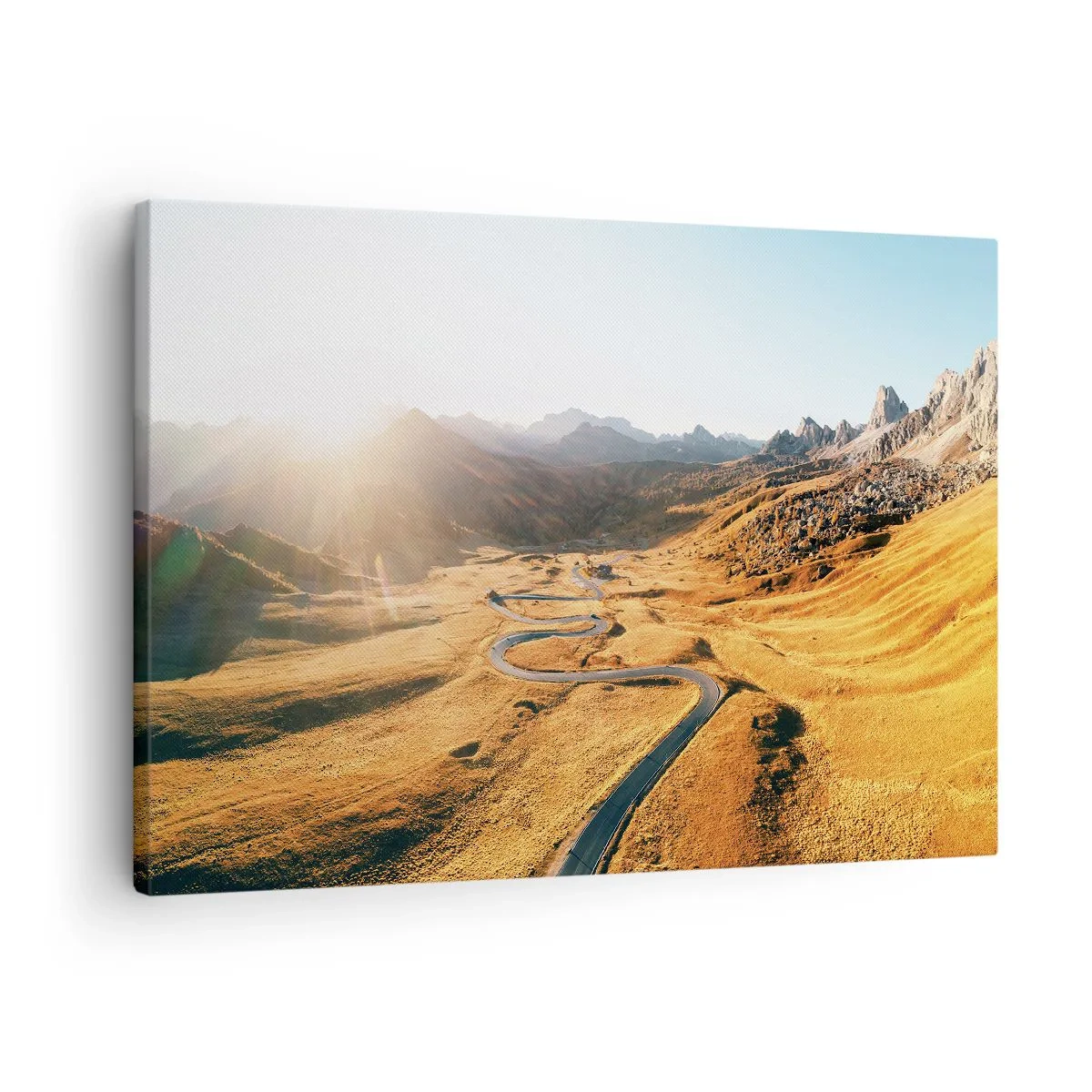 Canvas picture - winding road in the mountains lit by the setting sun - 70x50cm - In a Golden Valley - Modern wall decoration for the living room and bedroom ARTTOR