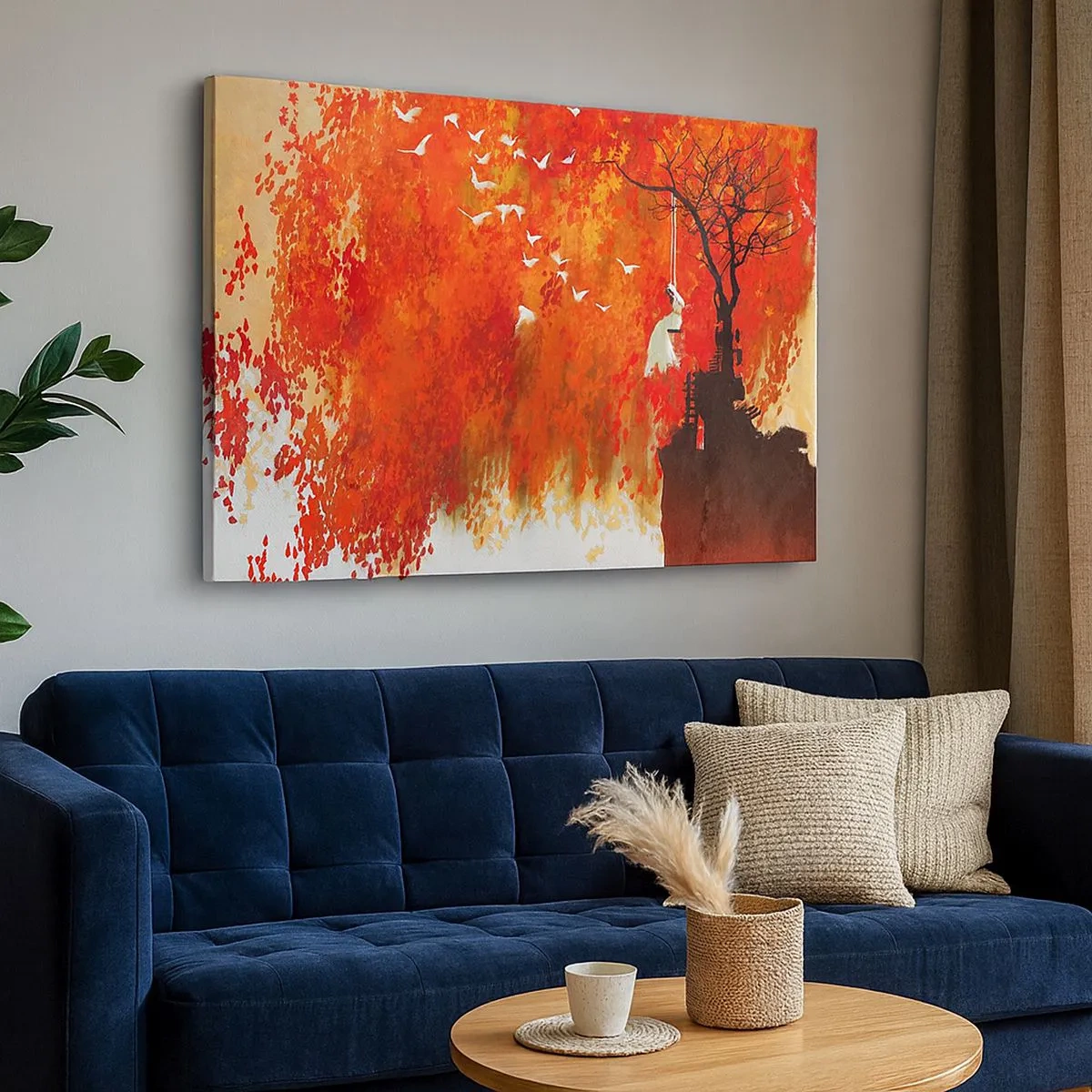 Canvas picture - A figure on a swing by a tree surrounded by red leaves - 70x50cm - Will It Fly with Us? - Modern wall decoration for the living room and bedroom ARTTOR