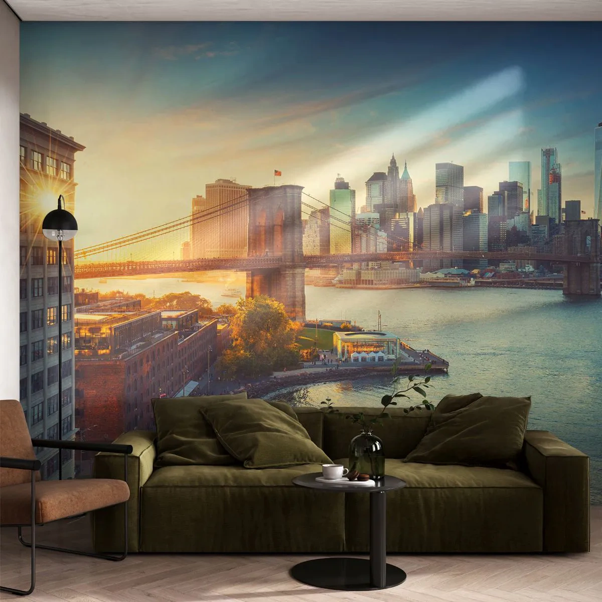 Photo Wallpaper Premium Canvas - Big City Dawn - New York, City, Brooklyn Bridge - 500x350 cm