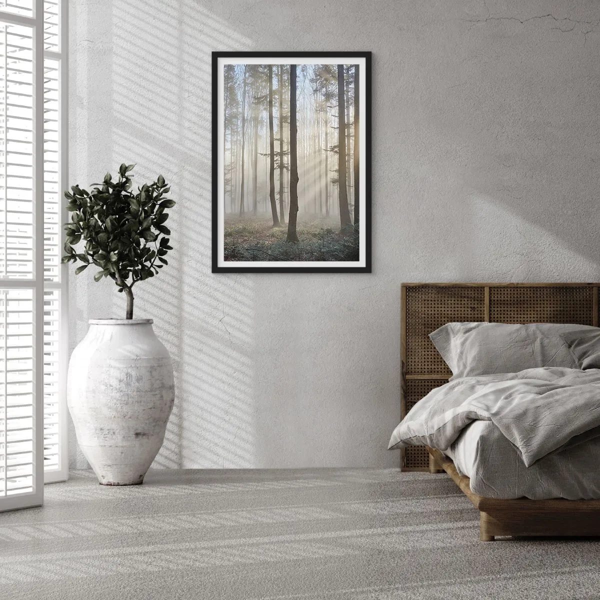 Poster in black frame - A foggy morning in the forest with rays of sunshine - 50x70cm - Fog Has Woken up Too - Modern wall decoration for the living room and bedroom ARTTOR