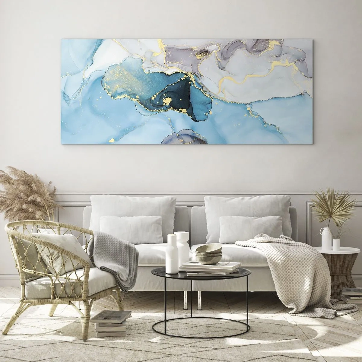 Glass picture - Study in Grey and  Turquoise Encounter - 90x30 cm