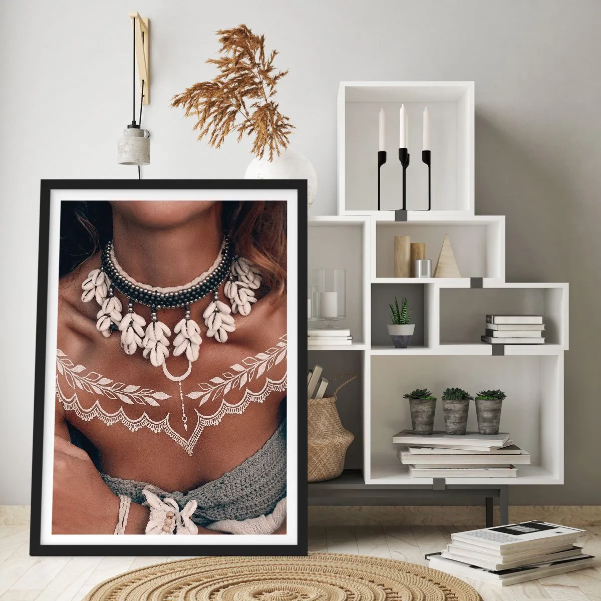 Poster in black frame - Portrait of a woman with a shell necklace and a white tattoo - 50x70cm - Talismans, Rituals of Womanhood - Modern wall decoration for the living room and bedroom ARTTOR