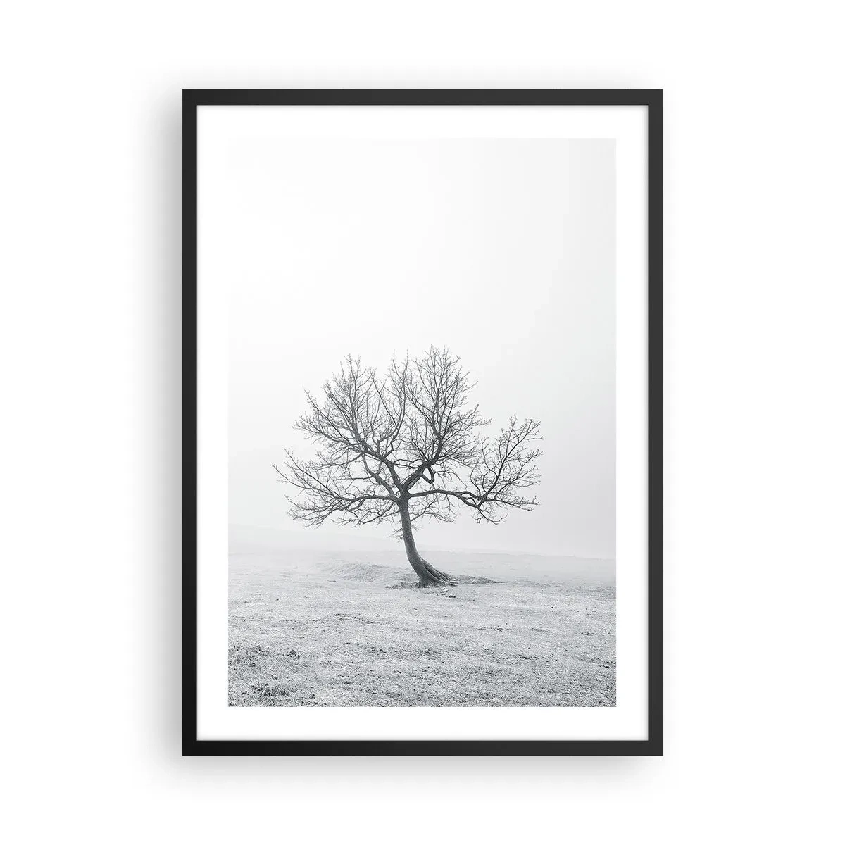 Poster in black frame - A minimalist landscape with a lonely tree in a winter setting. - 50x70cm - Against Nothingness - Modern wall decoration for the living room and bedroom ARTTOR