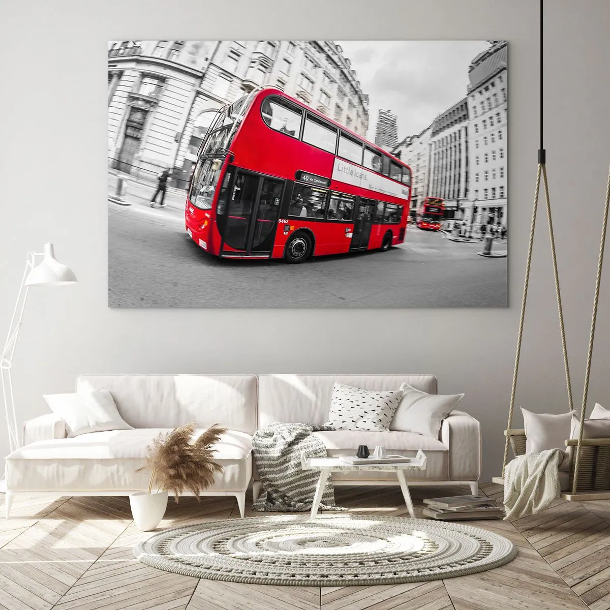 Glass picture - A red bus in motion against the backdrop of London streets - 70x50cm - Traditional London -By Bus - Modern wall decoration for the living room and bedroom ARTTOR