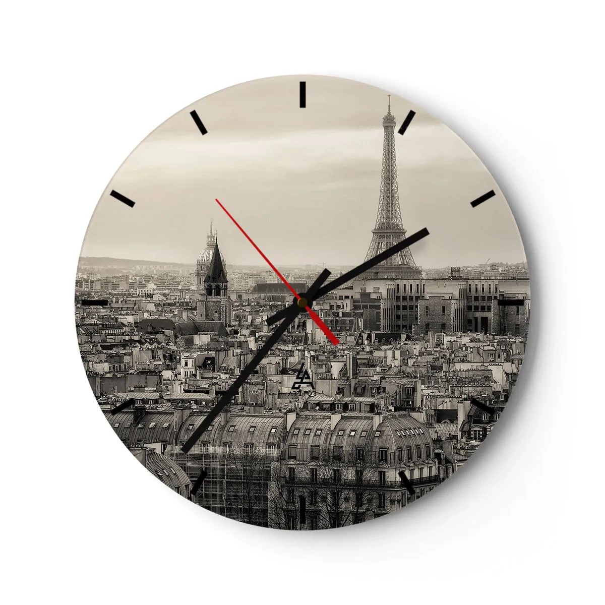 Wall clock - Clock on glass - Panoramic view of Paris with the Eiffel Tower - 30x30cm - Over the Roofs of Paris - Modern wall decoration for the living room, kitchen, and bedroom ARTTOR