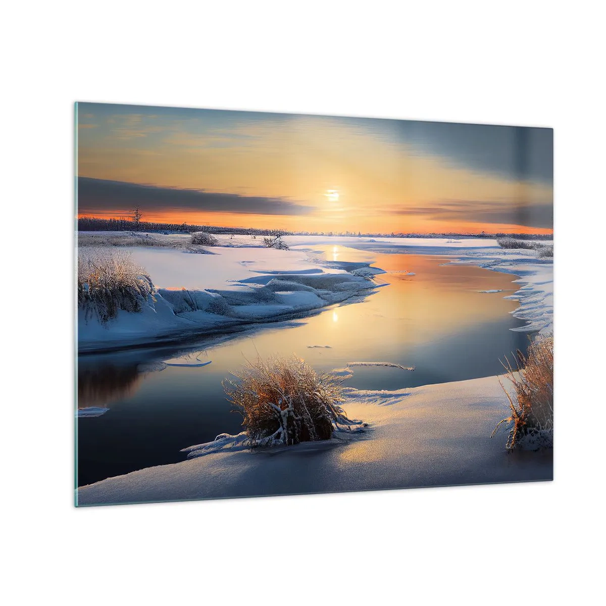 Glass picture - Winter landscape with sunset over a frozen river - 70x50cm - Winter Sunset - Modern wall decoration for the living room and bedroom ARTTOR