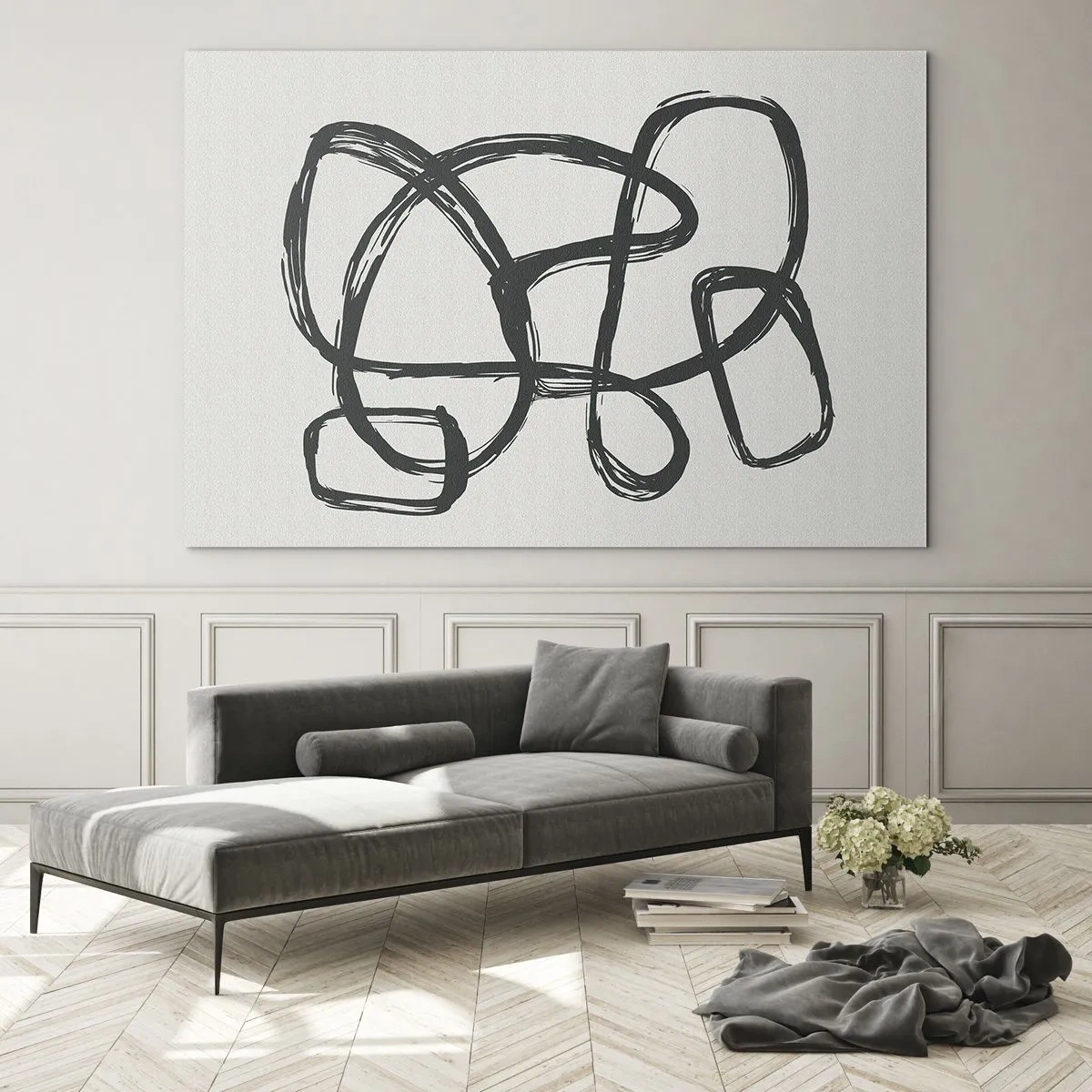Glass picture - Black loops and lines form an abstract composition on a white background. - 70x50cm - Abstract in Loops - Modern wall decoration for the living room and bedroom ARTTOR