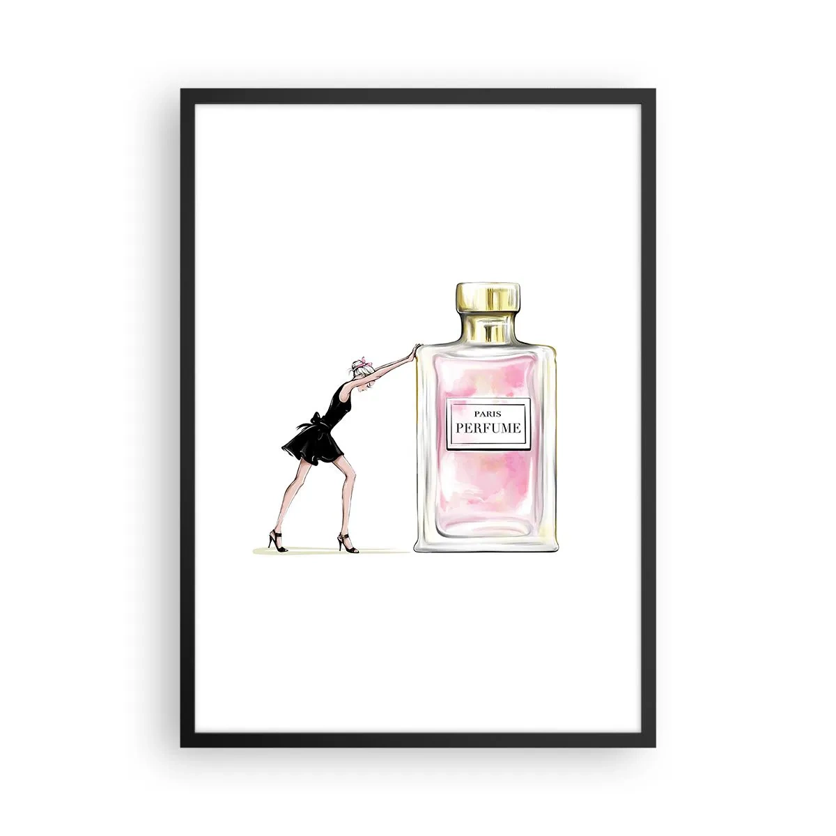 Poster in black frame - Illustration of a perfume bottle with a woman's silhouette in a dress - 50x70cm - The Essence of Womanhood - Modern wall decoration for the living room and bedroom ARTTOR