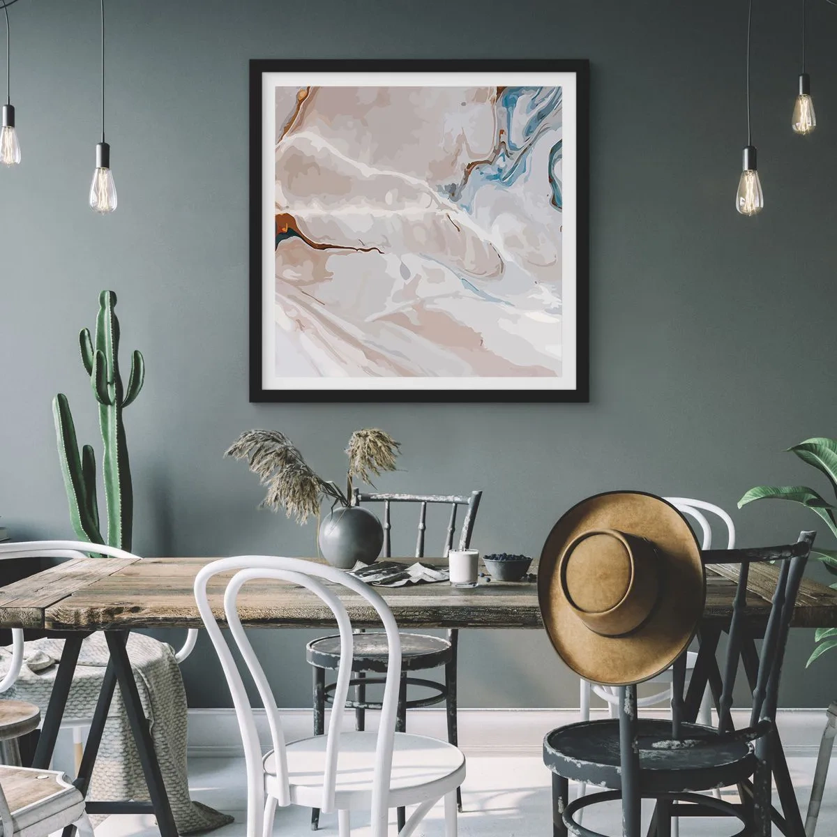 Poster in black frame - Blue Meanders under White - 50x50 cm