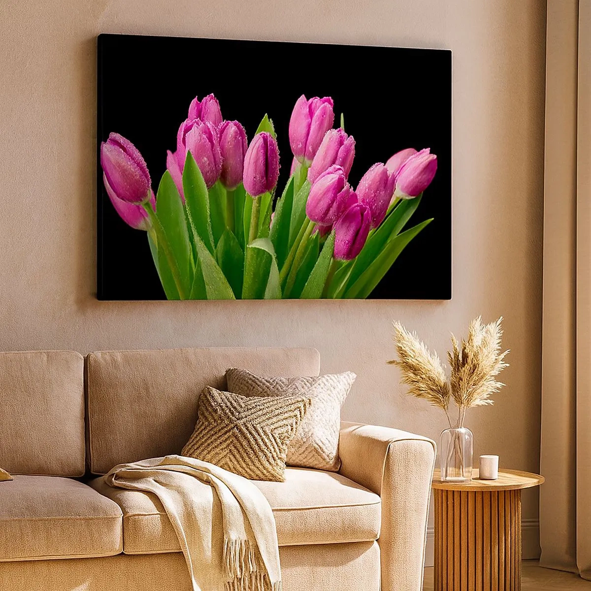 Canvas picture - Pink tulips with dew drops on a black background - 70x50cm - Lilac Joy of Spring - Modern wall decoration for the living room and bedroom ARTTOR