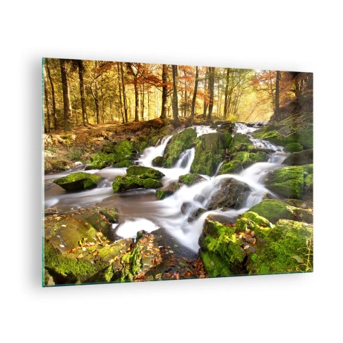 Glass picture - forest stream with waterfalls in an autumn landscape - 70x50cm - Gingerly through an Autumnal Forest - Modern wall decoration for the living room and bedroom ARTTOR