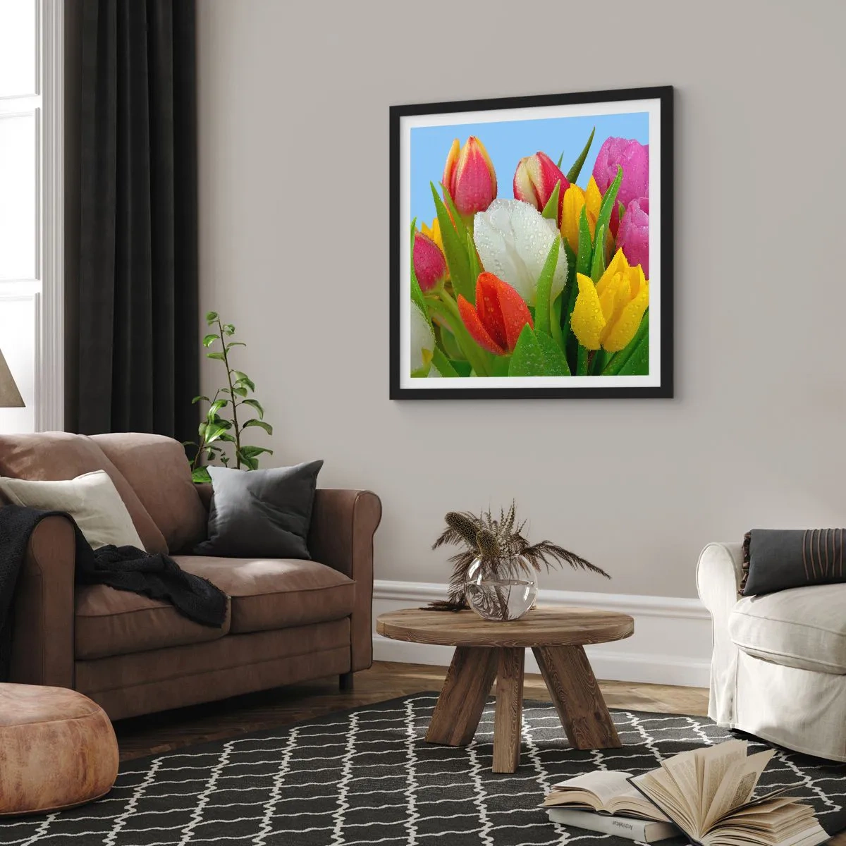 Poster in black frame - Floral Rainbow in Dew Drops - 60x60 cm