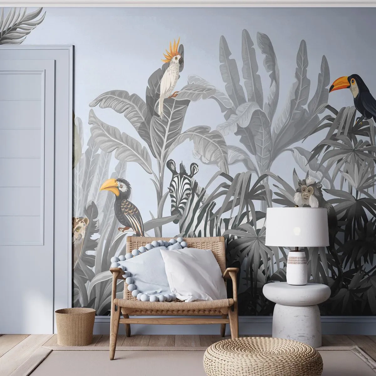 Photo Wallpaper Standard Eco - Exotic animals in a tropical jungle on a light background - 100x70cm - African Fairy Tale - Modern wall decoration for the living room and bedroom ARTTOR