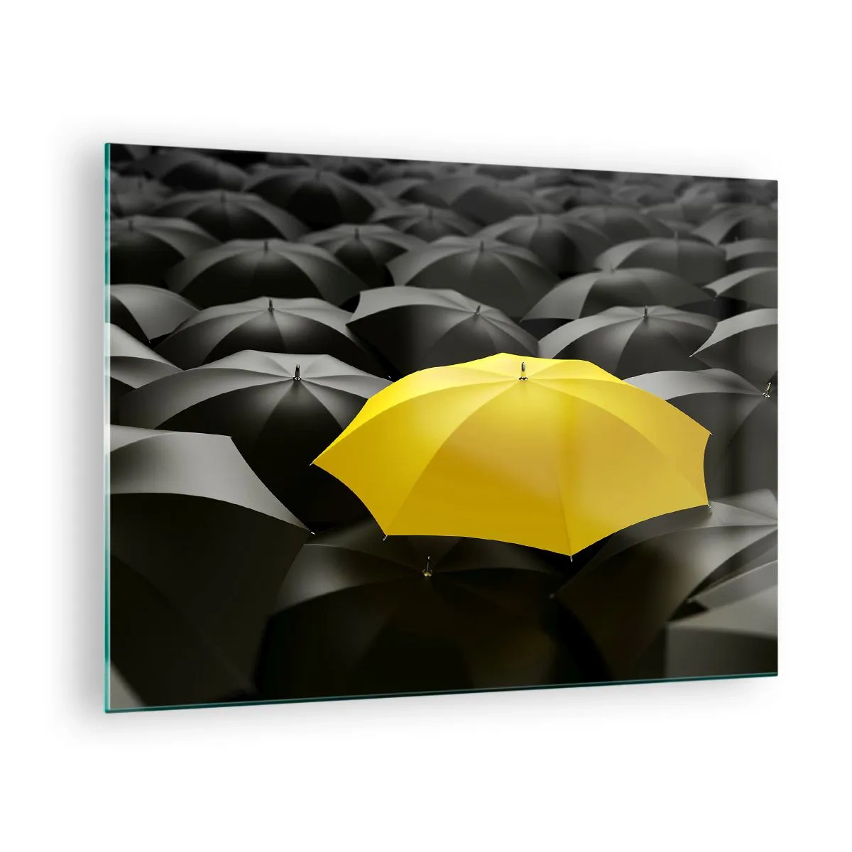 Glass picture - A yellow umbrella standing out among the black ones - 70x50cm - Goodbye Sadness - Modern wall decoration for the living room and bedroom ARTTOR