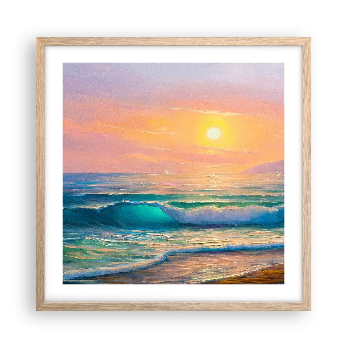 Poster in light oak frame - Turquoise Song of the Waves - 50x50 cm