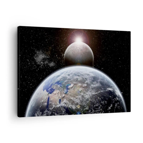 Canvas picture - Planet Earth and the Moon against the backdrop of starry outer space. - 70x50cm - Space Landscape - Sunrise - Modern wall decoration for the living room and bedroom ARTTOR