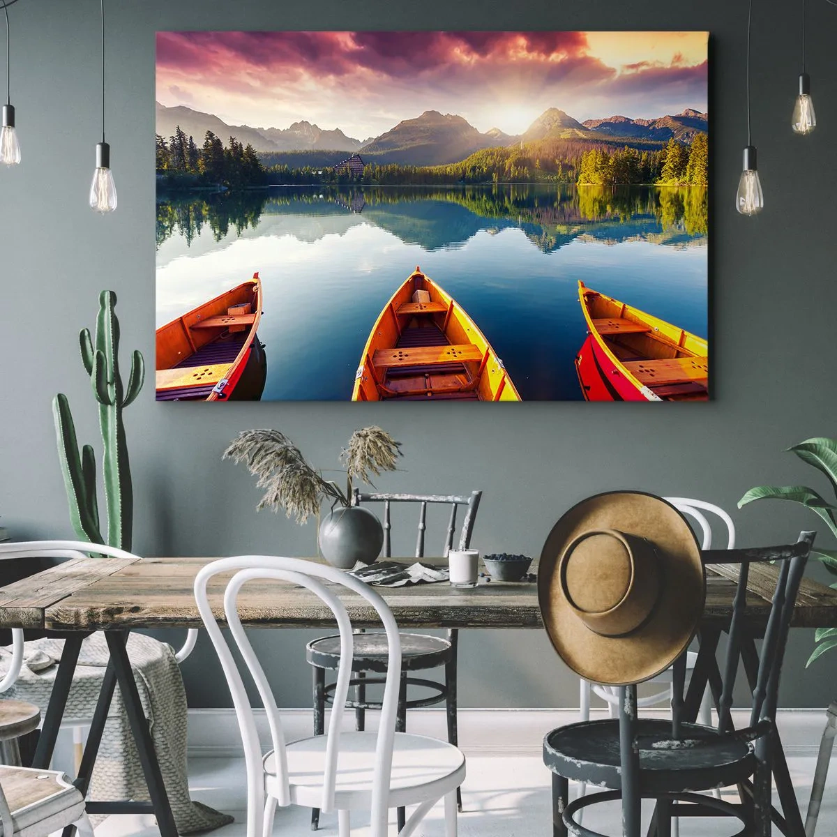 Canvas picture - Three wooden boats against the backdrop of a mountain lake at sunset - 70x50cm - Nothing against Nature - Modern wall decoration for the living room and bedroom ARTTOR