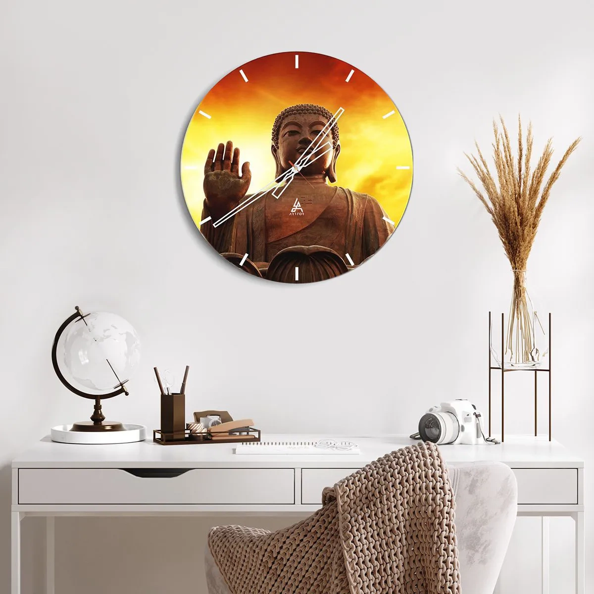 Wall clock - Clock on glass - Buddha statue against the backdrop of the setting sun - 30x30cm - Peace of the World - Modern wall decoration for the living room, kitchen, and bedroom ARTTOR