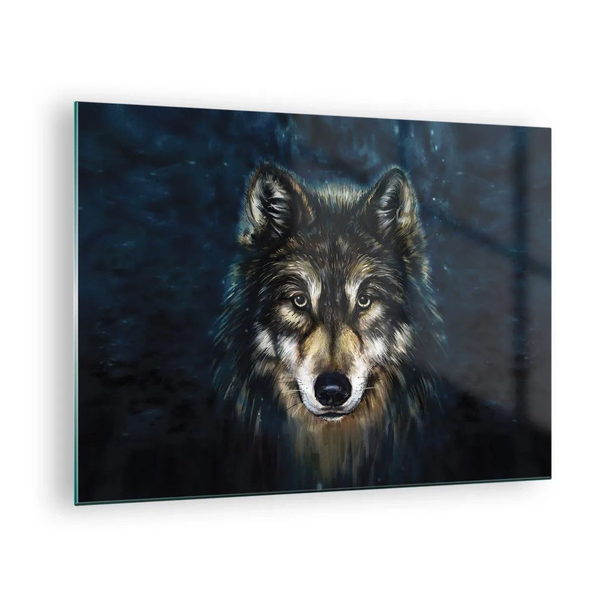 Glass picture - A wolf against a dark, forest background in a realistic style. - 70x50cm - Alpha? And Omega - Modern wall decoration for the living room and bedroom ARTTOR