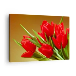 Canvas picture - bouquet of red tulips on a gold background with green leaves. - 70x50cm - Bunch of Spring Joy - Modern wall decoration for the living room and bedroom ARTTOR