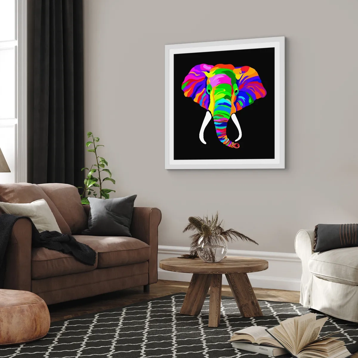 Poster in white frmae - Elephant That Enjoyed Rainbow Bath - 60x60 cm